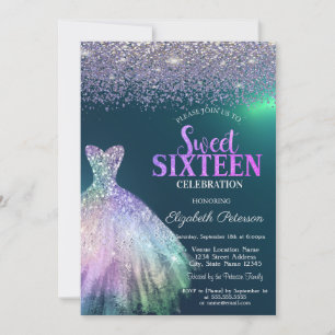 Convites Diamantes Elegantes, Vestido Verde Sweet 16