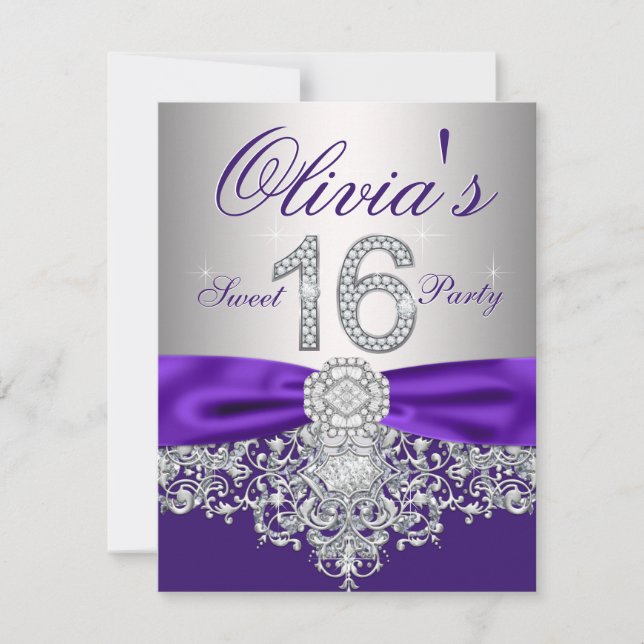 Convites Diamantes Festa de 16 Anos Roxo e Prata (Frente)