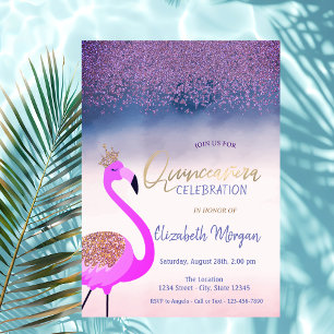 Convites Diamantes,Flamingo Rosa Ombre Quinceañera