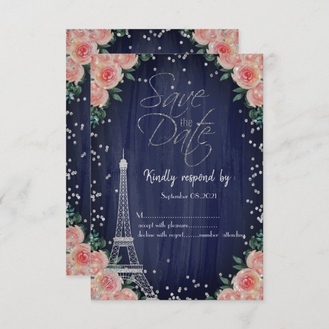 Convites Diamantes Florais de Torre Eiffel Silver RSVP (Frente/Verso)