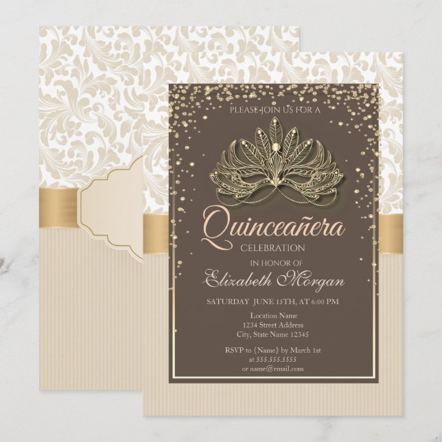 Convites Diamantes Floral Damasco Quinceañera (Frente/Verso)