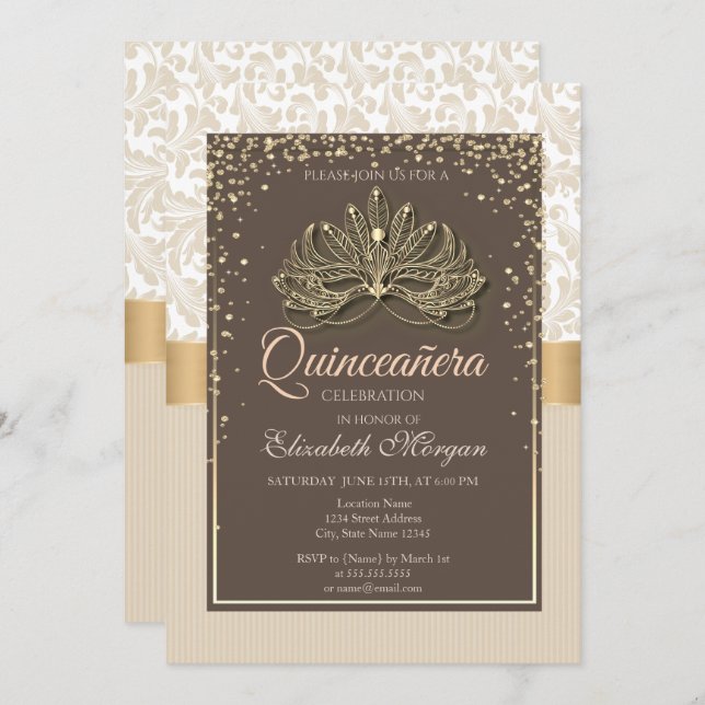 Convites Diamantes Floral Damask Quinceañera (Frente/Verso)