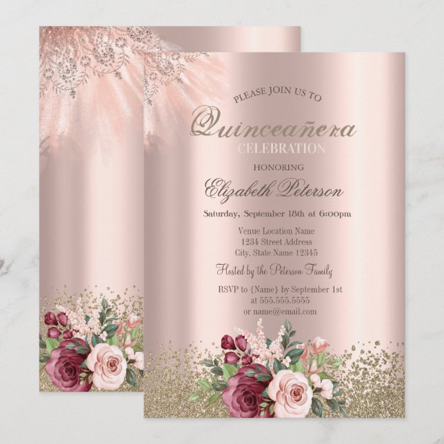 Convites Diamantes Flores Rosa Dourada Quinceañera (Frente/Verso)