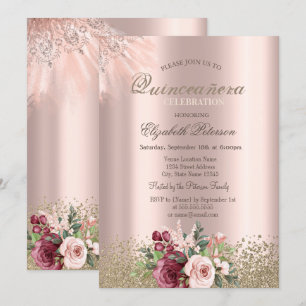 Convites Diamantes Flores Rosa Dourada Quinceañera