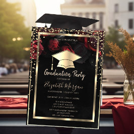 Convites Diamantes Grad Cap Ouro Rosas Vermelhas Graduação 