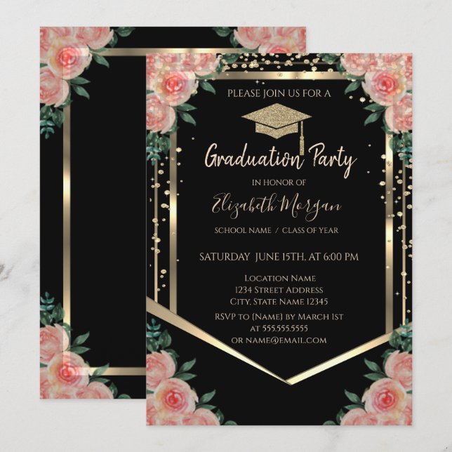 Convites Diamantes Graduação Dourada Floral Tampa de Gradua (Frente/Verso)