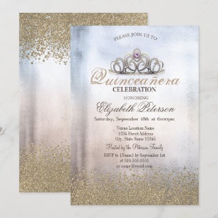 Convites Diamantes Modern Gold, Quinceañera Metálica Tiara