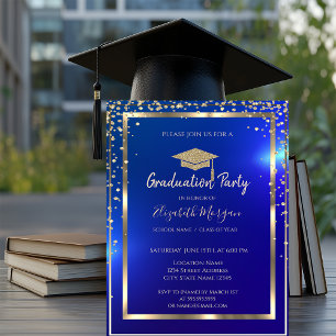 Convites Diamantes Moldura Dourado Gorro de Gradução Azul G