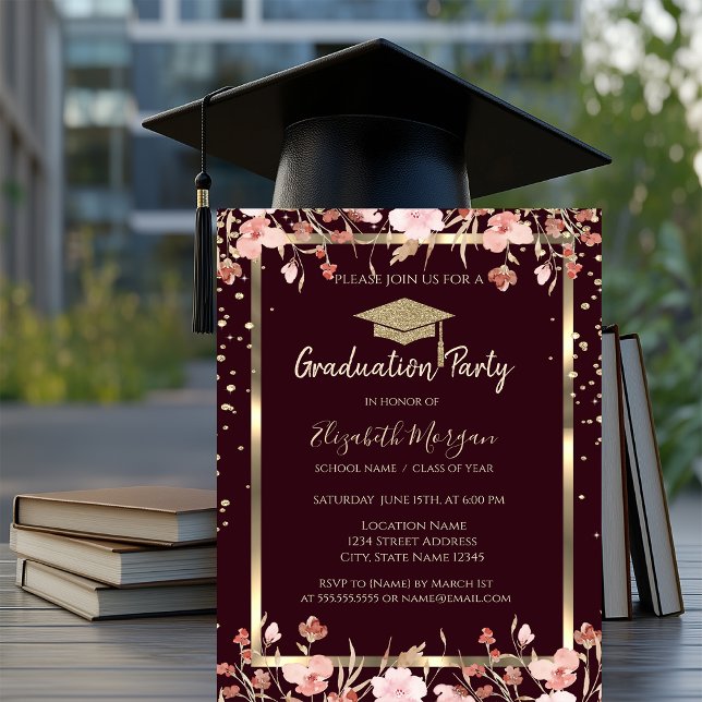 Convites Diamantes Ouro Grad Cap Flores Burgundy Formatura (Criador carregado)