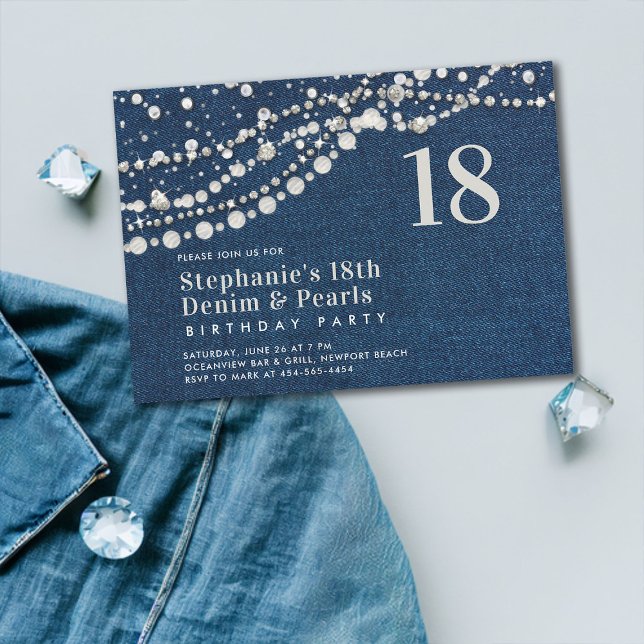 Convites Diamantes Pearls Denim Elegant Classy 18º Aniversá (denim diamonds pearls 18 eighteenth birthday party invitation modern contemporary classy elegant )