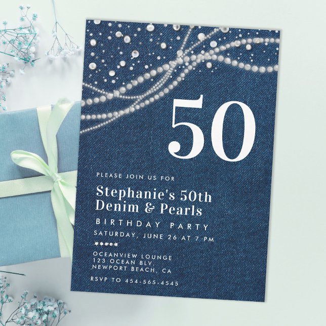 Convites Diamantes Pearls Denim Elegant Classy 50º Aniversá (diamonds pearls denim 50th birthday invitation for women elegant classy modern chic rustic country)