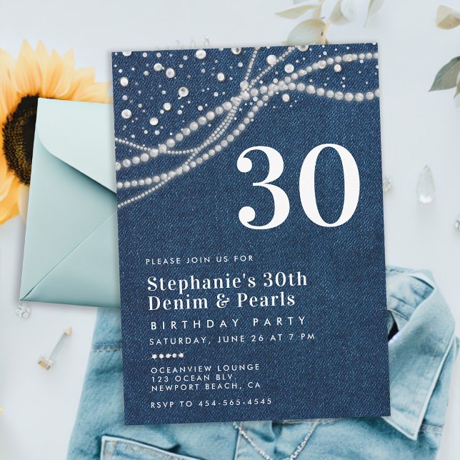 Convites Diamantes Pearls Denim Elegant Classy aniversário  (denim pearls 30th birthday party invitation template for women elegant classy rustic chic feminine)