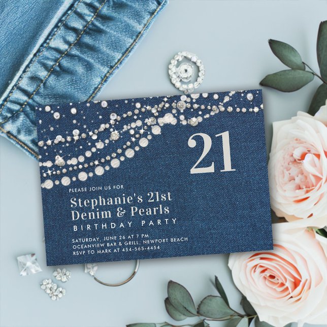 Convites Diamantes Pearls Denim Elegant Classy aniversário  (denim diamonds pearls 21 twenty-first birthday party invitation modern contemporary classy elegant)