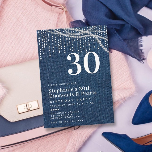 Convites Diamantes Pearls Denim Modern Classn aniversário d (diamonds and pearls 30th birthday party invitation for women elegant classy modern chic glam thirty)