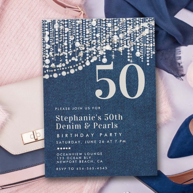 Convites Diamantes Pearls Fringe Jean Denim 50º Aniversário (diamonds pearls 50th birthday invitation for women bling party elegant classy chic modern glam jean)