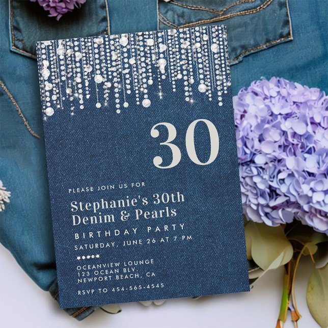 Convites Diamantes Pearls Jean Denim Classy aniversário de  (diamonds and pearls 30th birthday invitation for women jean denim elegant classy bling party western)