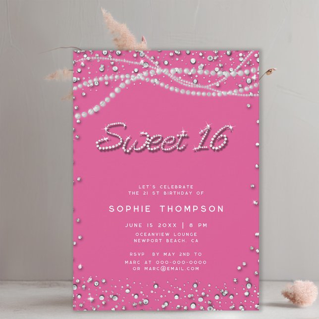 Convites Diamantes Pérolas Bonito Pinças Elegante Rosa 16 (diamonds and pearls sweet 16 birthday party invitation template for girls elegant classy chic girly)