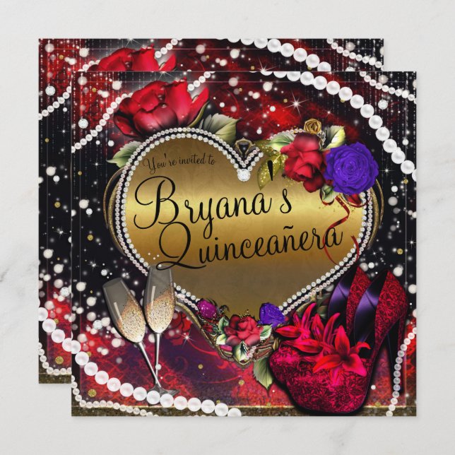 Convites Diamantes Pérolas Coração Alto Quinceañera (Frente/Verso)