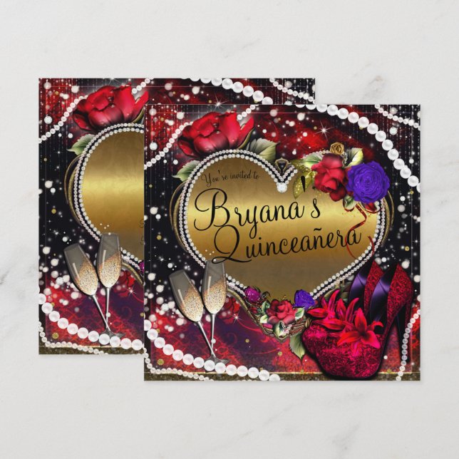 Convites Diamantes Pérolas Coração Saltos Quinceañera (Frente/Verso)