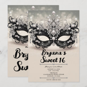 Convites Diamantes & Pérolas Máscara de Renda Preta Sweet 1