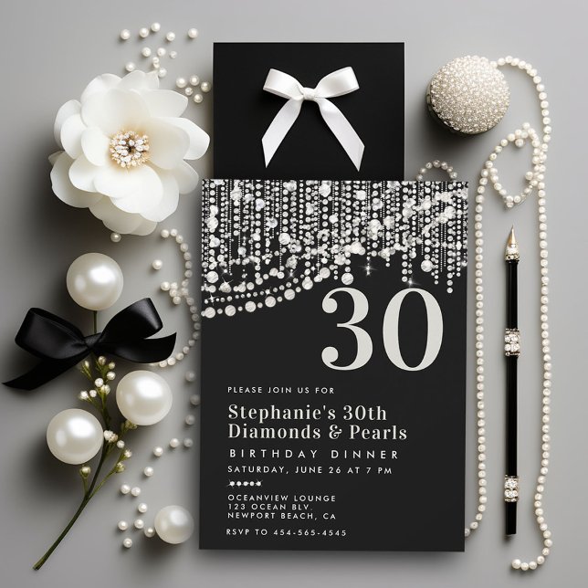 Convites Diamantes Pérolas Pretas aniversário de 30 anos (diamonds pearls 30th birthday dinner party invitation black white formal elegant stylish classy chic)