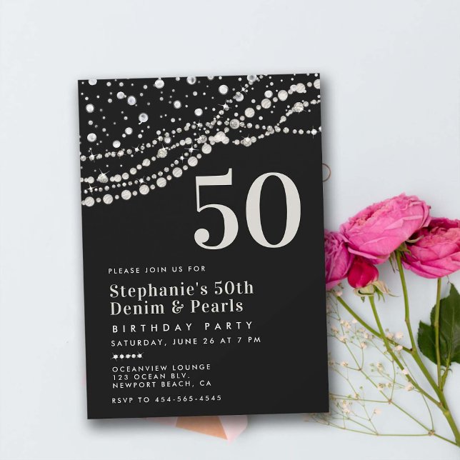 Convites Diamantes Pérolas Pretas Brancas Elegantes 50º Ani (diamonds pearls 50th birthday party invitation for women elegant classy bling chic rustic modern)
