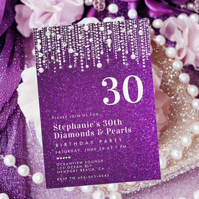 Convites Diamantes Pérolas Roxo Glitter aniversário de 30 a (glitz and glam 30th birthday party invitation for women purple glitter diamonds and pearls elegant )