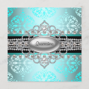 Convites Diamantes Pérolas Teal Azul Quinceanera