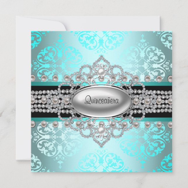 Convites Diamantes Pérolas Teal Blue Quinceanera (Frente)