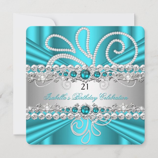 Convites Diamantes Prata Azul Turquesa Pérola Festa de Aniv (Frente)