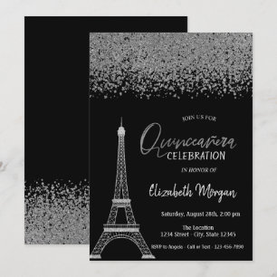 Convites Diamantes Prateados, Torre Eiffel Preta Quinceañer