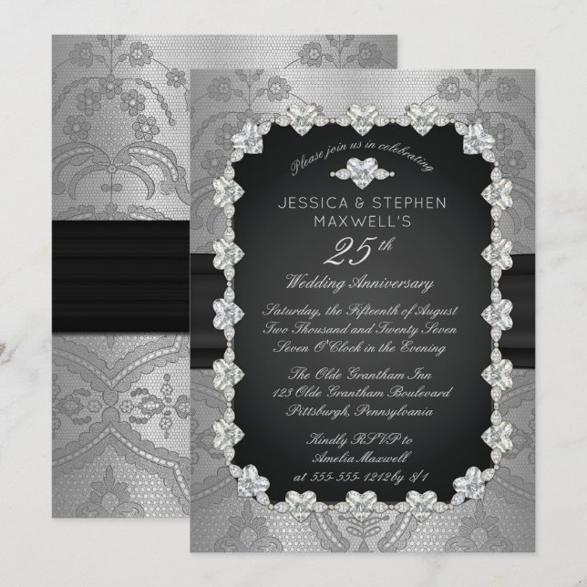 Convites Diamantes | Renda 25º Aniversário de Casamento de  (Frente/Verso)
