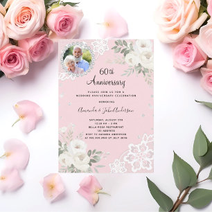 Convites Diamantes rosa florais 60 anos de casamento