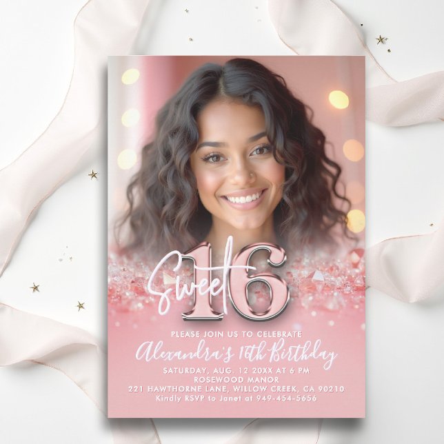Convites Diamantes Rosa Moderno Dourado Foto Chic Sweet 16 (sweet sixteen invitation 16th birthday diamonds rose gold blush pink photo template fashion teenager)