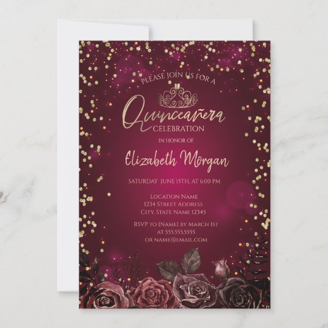 Convites Diamantes,Tiara Rosas Borgonha Quinceañera (Frente)