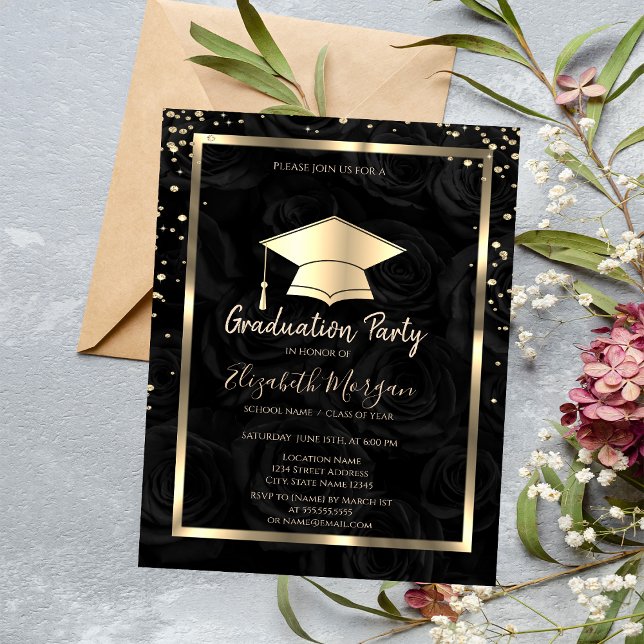 Convites Diamantes Toca Grad Cap Rosas Pretas Graduação  (Criador carregado)