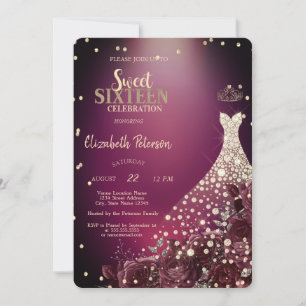 Convites Diamantes,Vestido,Rosas Burgundy Sweet 16