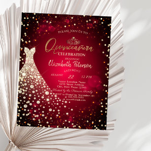 Convites Diamantes, Vestido, Vermelho Quinceañera