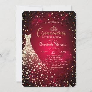 Convites Diamantes, Vestido, Vermelho Quinceañera