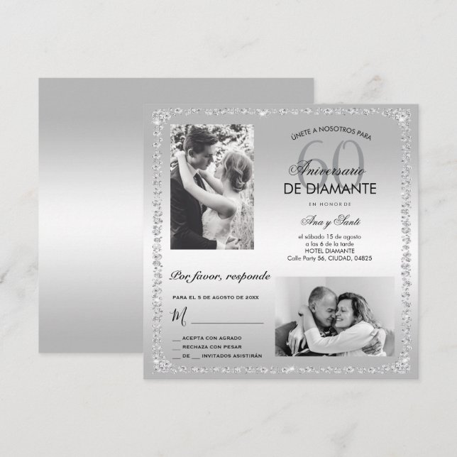 Convites Diamond 60th Wedding Anniversary Double Photo  (Frente/Verso)