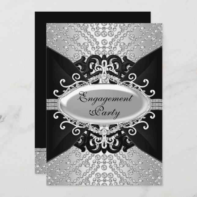 Convites Diamond Black & Silver Festa de noivado Invite (Frente/Verso)