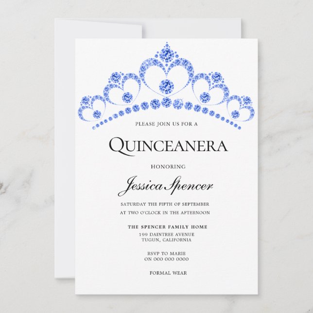 Convites Diamond Blue Glitter Tiara Quinceanera Invite (Frente)