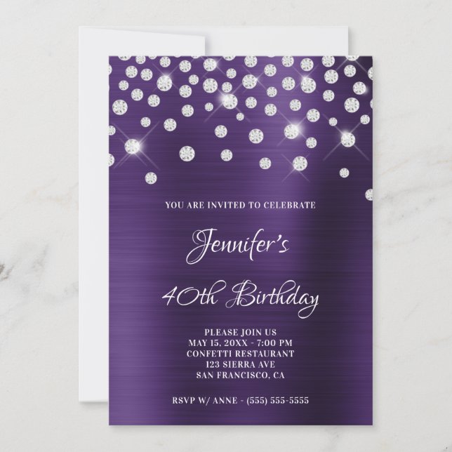 Convites Diamond Confetti Dark Violet Satin Foil Ombre (Frente)