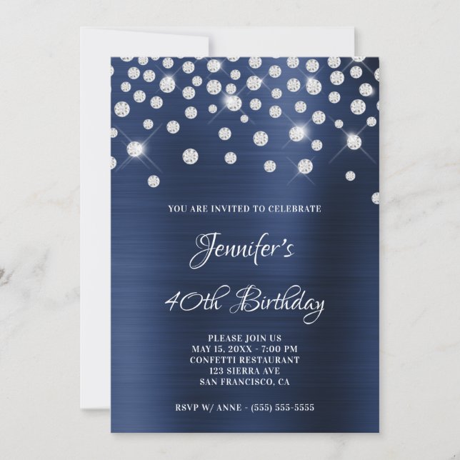 Convites Diamond Confetti Marinho Blue Satin Foil Ombre (Frente)