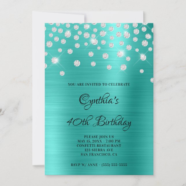 Convites Diamond Confetti Turquoise Satin Foil Ombre (Frente)