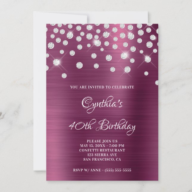 Convites Diamond Confetti Wine Satin Foil Ombre (Frente)