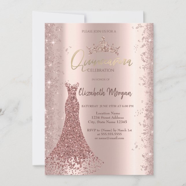 Convites Diamond Dress Rosa Dourado Glitter Quinceañera (Frente)
