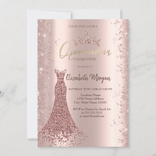 Convites Diamond Dress Rosa Dourado Glitter Quinceañera