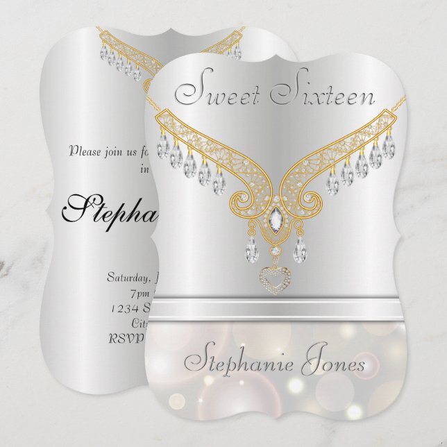 Convites Diamond e Champagne Bokeh Sweet 16 (Frente/Verso)