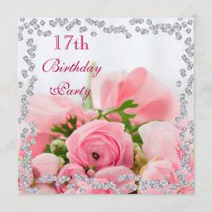 Convites Diamond Frame Buquê De Rosas Rosa 17º Aniversár